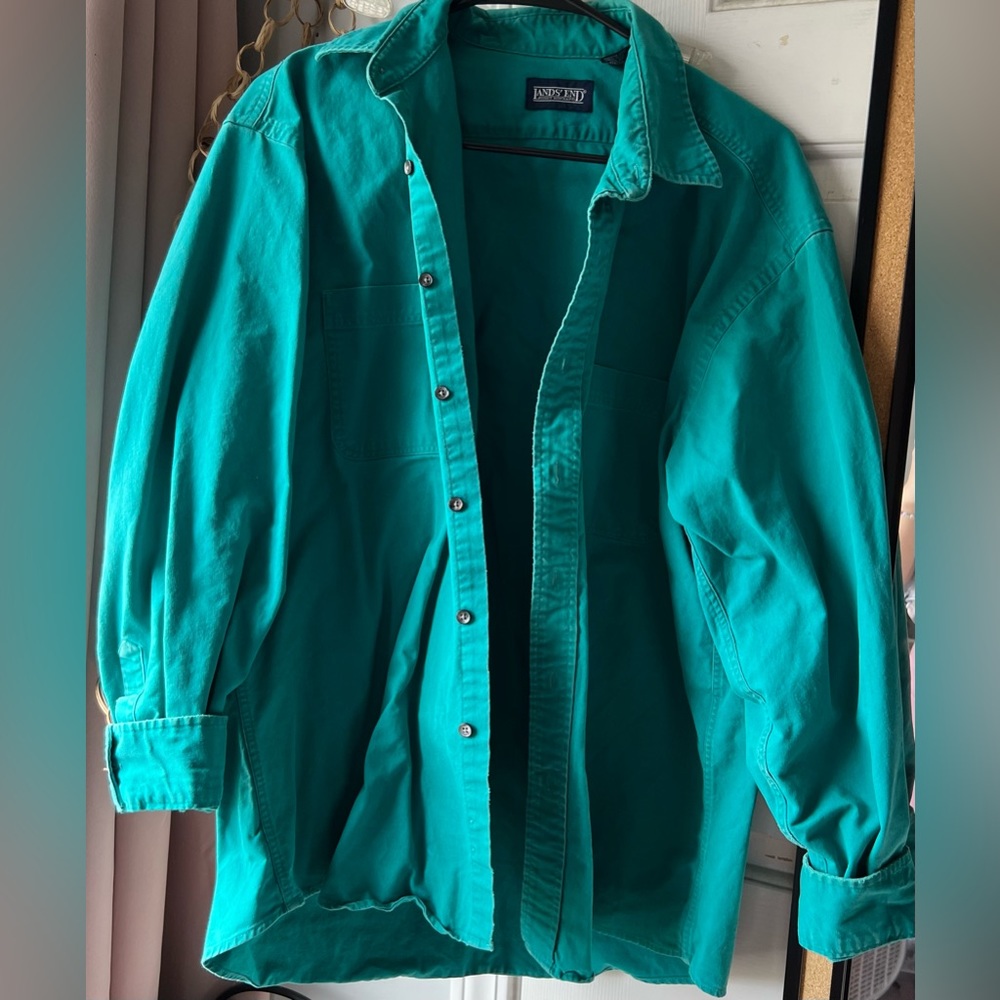 Lands End Cotton Teal Button Down Collared Long Sleeve Shirt